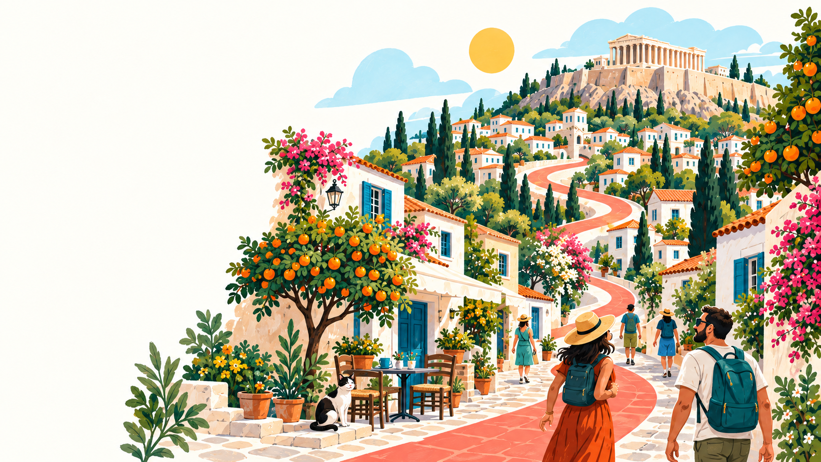 A playful illustrated Athens, with a coral path winding through colourful streets towards the Acropolis.